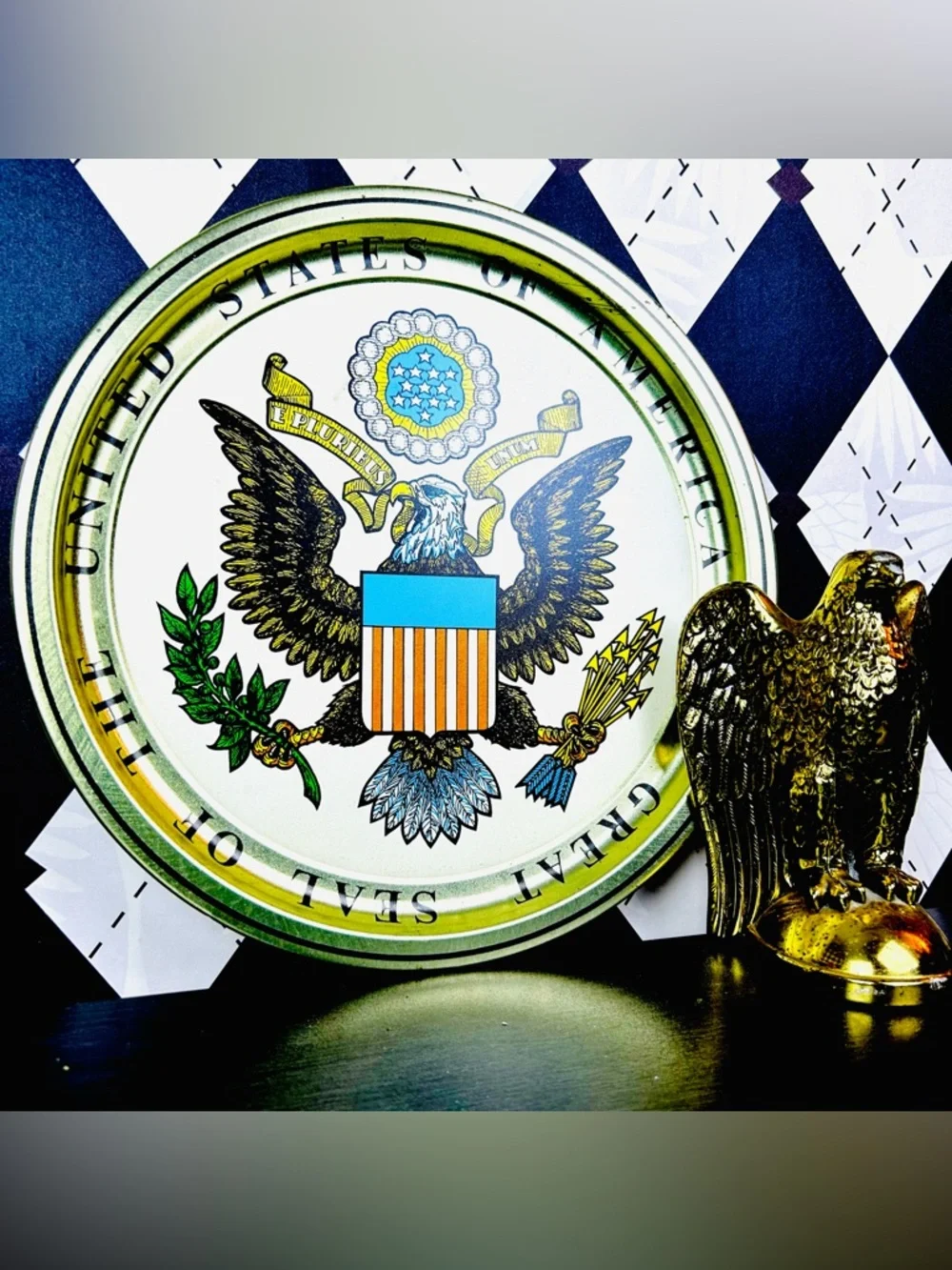 Vintage Metal Tray Great USA Seal Eagle Wall Decor Patriotic‎ Platter Mancave
